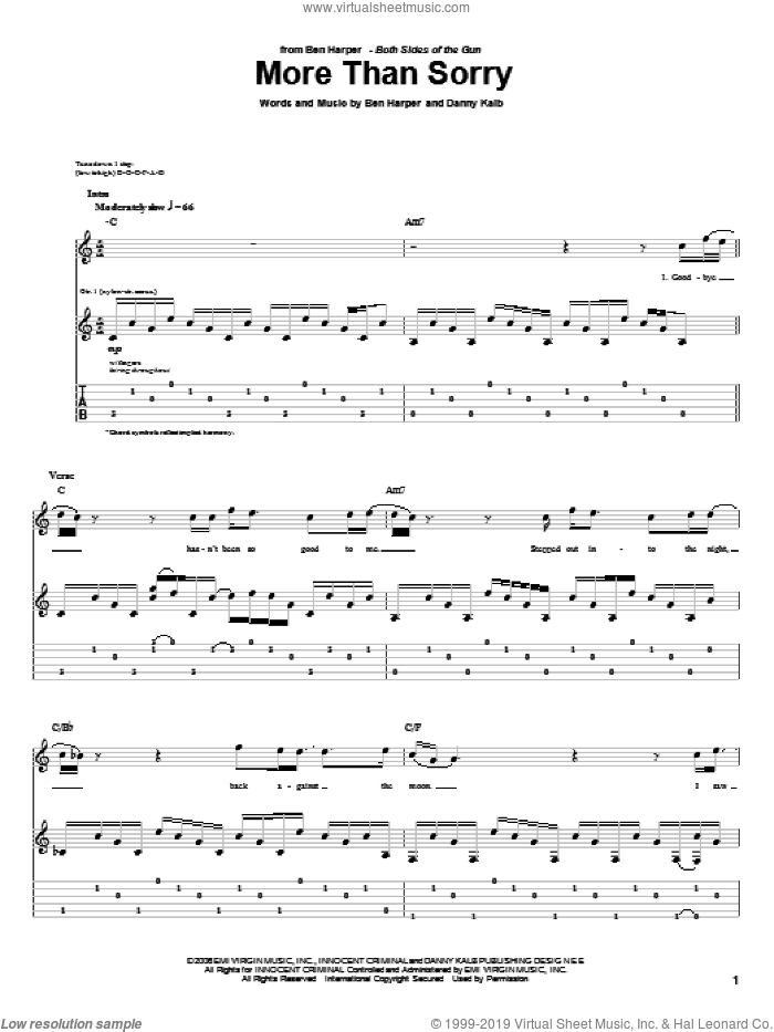 More Than Sorry sheet music for guitar (tablature) by Ben Harper and Danny Kalb, intermediate skill level
