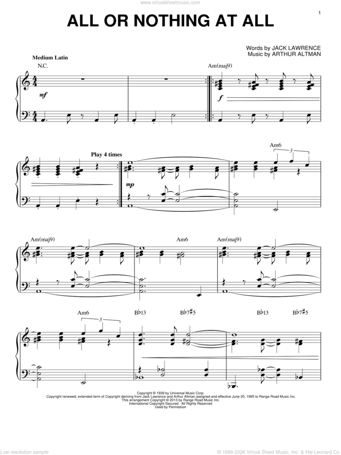 All Or Nothing At All [Jazz version] (arr. Brent Edstrom) sheet music for piano solo by John Coltrane, Arthur Altman and Jack Lawrence, intermediate skill level