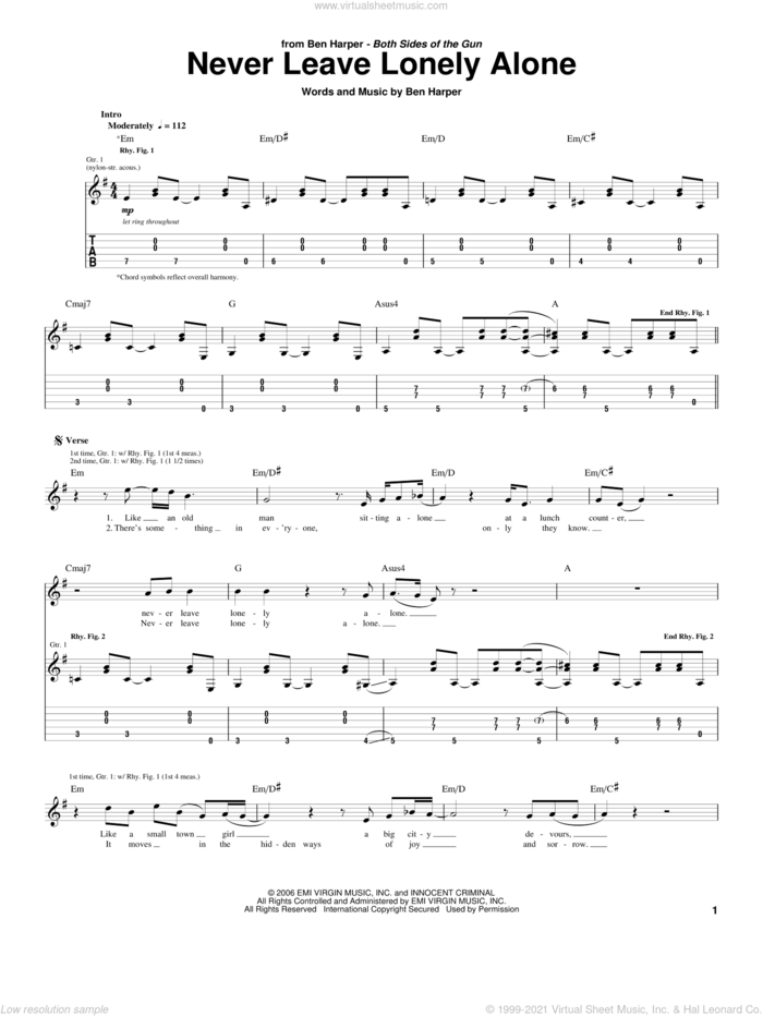 Never Leave Lonely Alone sheet music for guitar (tablature) by Ben Harper, intermediate skill level