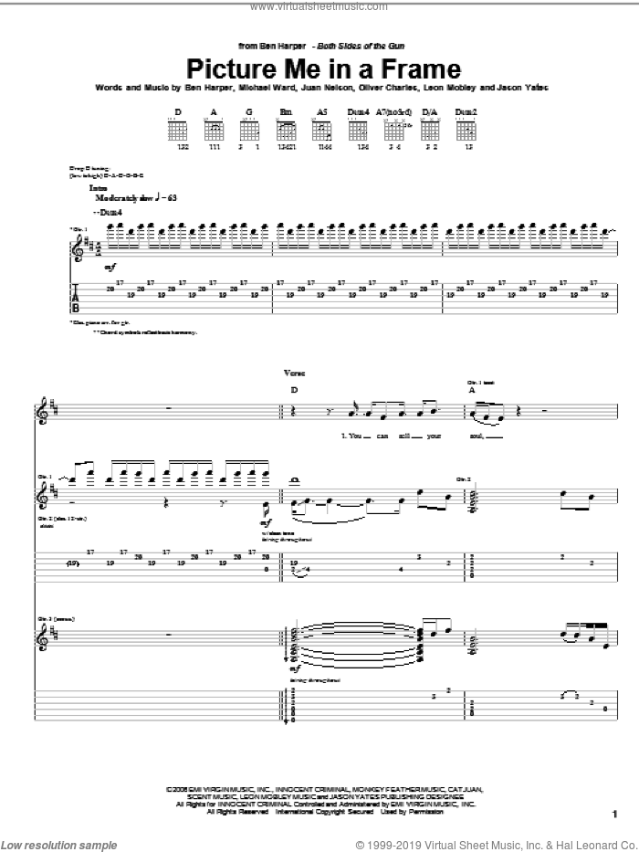 Picture Me In A Frame sheet music for guitar (tablature) by Ben Harper, Jason Yates, Juan Nelson, Leon Mobley, Michael Ward and Oliver Charles, intermediate skill level