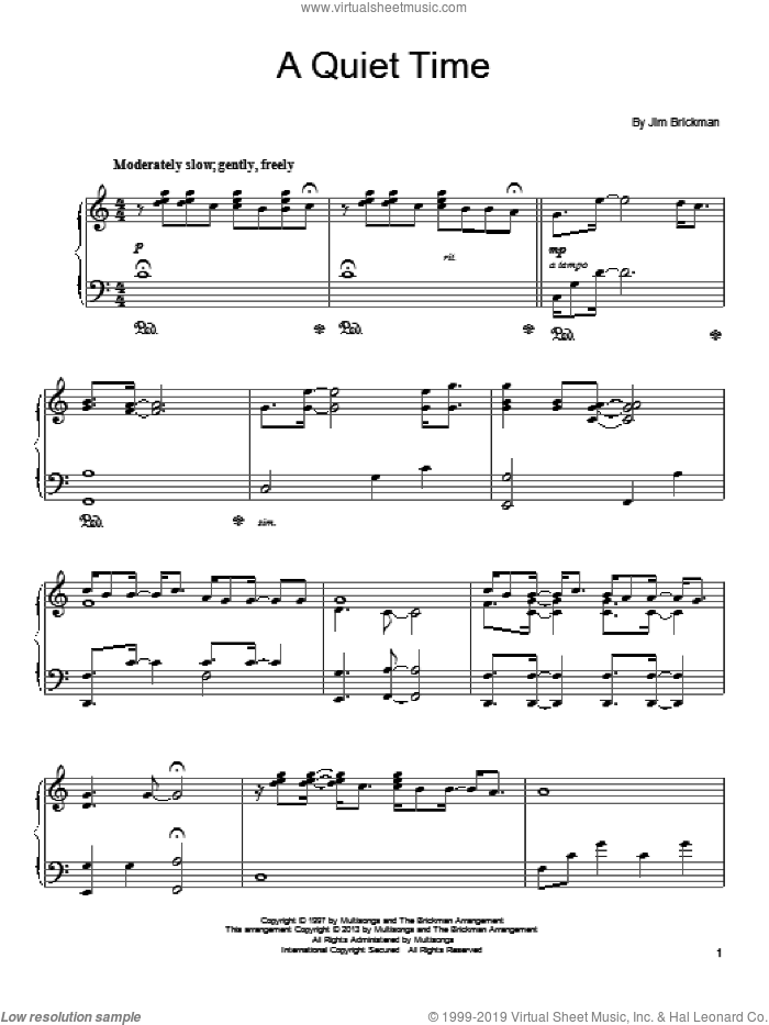 A Quiet Time sheet music for piano solo by Jim Brickman, intermediate skill level