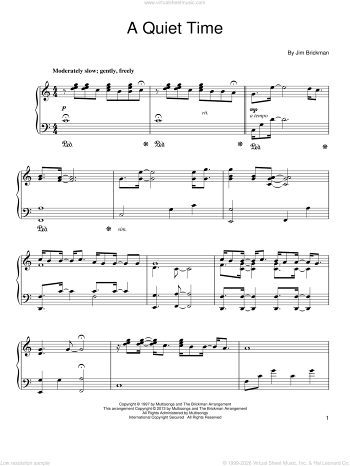 A Quiet Time sheet music for piano solo by Jim Brickman, intermediate skill level
