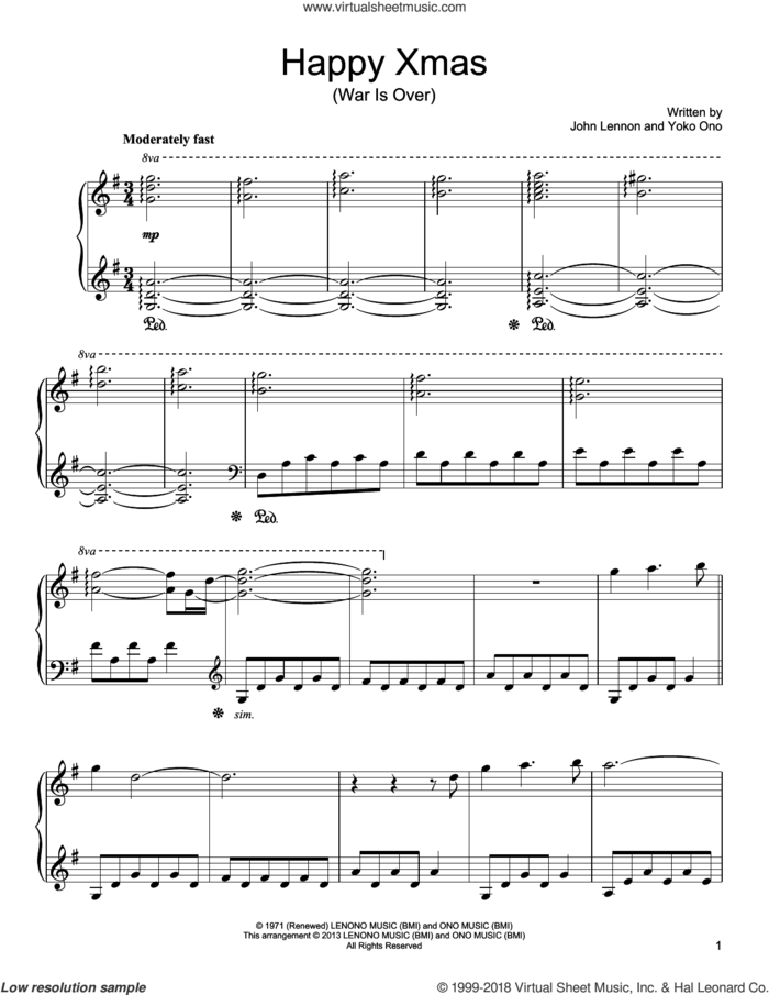 Happy Xmas (War Is Over) sheet music for piano solo by John Lennon, John & Yoko Ono w/Harlem Comm. and Yoko Ono, intermediate skill level