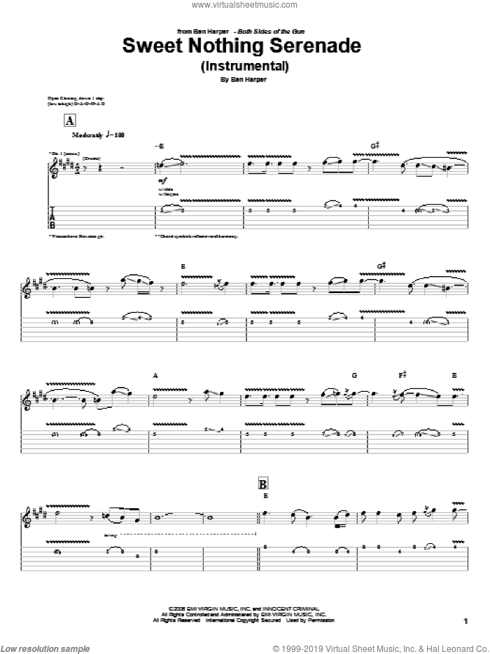 Sweet Nothing Serenade (Instrumental) sheet music for guitar (tablature) by Ben Harper, intermediate skill level