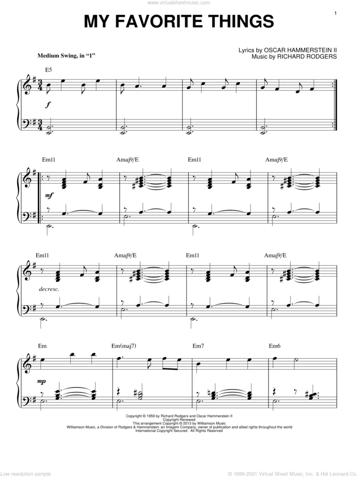My Favorite Things [Jazz version] (from The Sound Of Music) (arr. Brent Edstrom) sheet music for piano solo by John Coltrane, Lorrie Morgan, Oscar II Hammerstein and Richard Rodgers, intermediate skill level