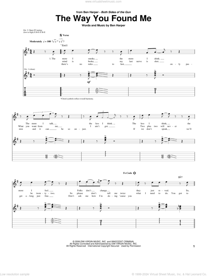 The Way You Found Me sheet music for guitar (tablature) by Ben Harper, intermediate skill level