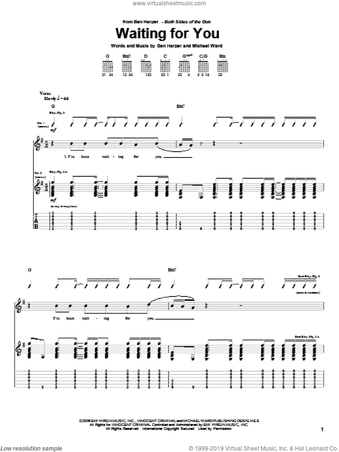 Waiting For You sheet music for guitar (tablature) by Ben Harper and Michael Ward, intermediate skill level