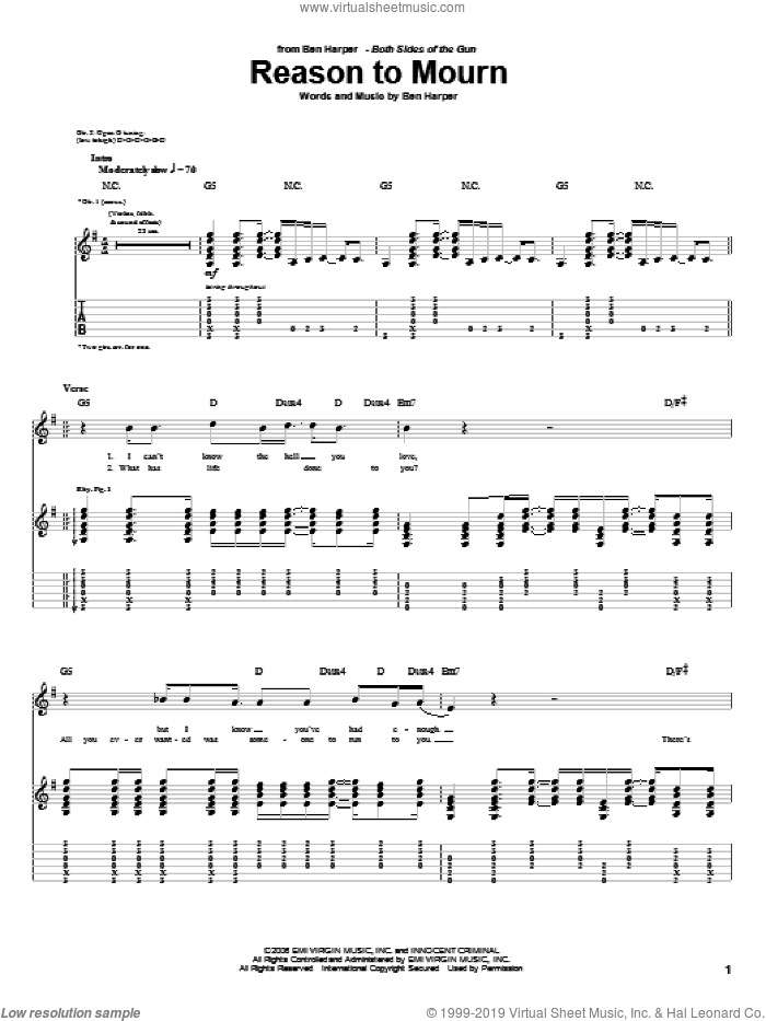 Reason To Mourn sheet music for guitar (tablature) by Ben Harper, intermediate skill level
