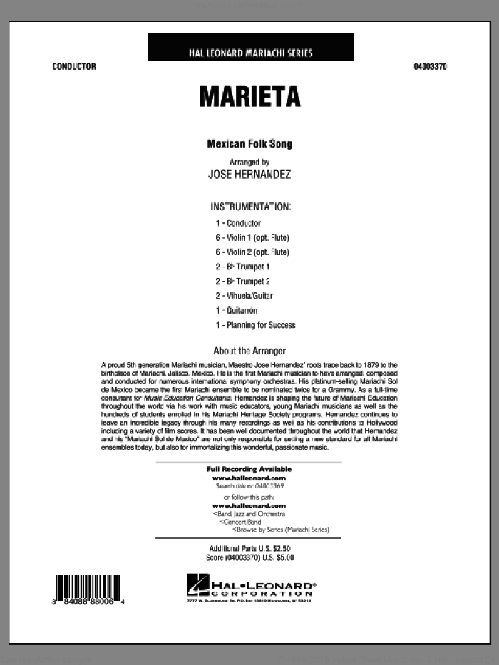 Marieta (COMPLETE) sheet music for concert band by Jose Hernandez and Mexican Folksong, classical score, intermediate skill level