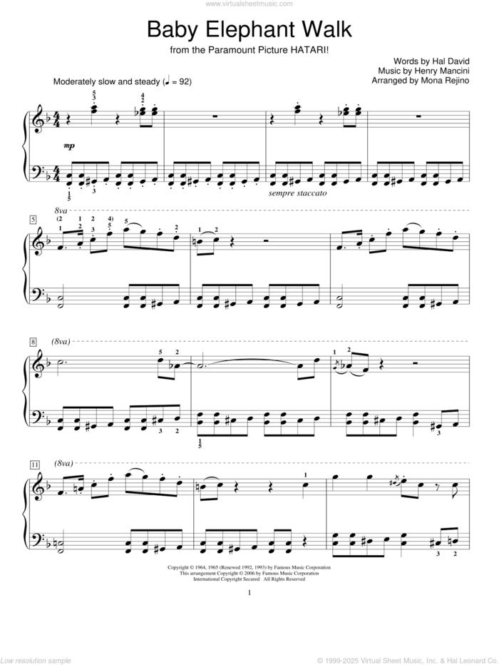 Baby Elephant Walk sheet music for piano solo (elementary) by Henry Mancini, Mona Rejino, Miscellaneous and Hal David, beginner piano (elementary)