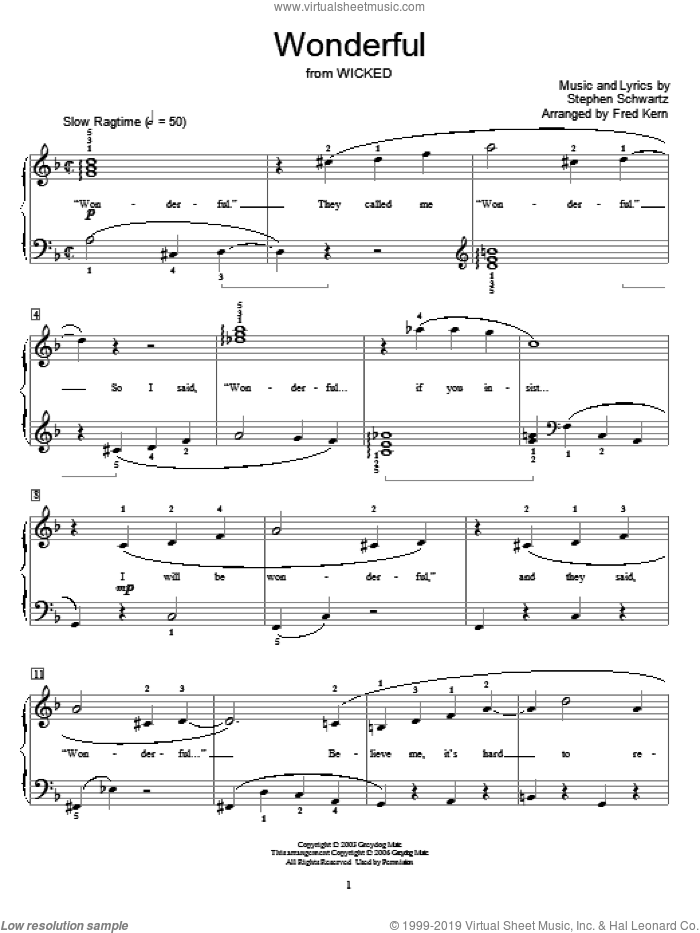 Wonderful (from Wicked) sheet music for piano solo (elementary) by Stephen Schwartz, Fred Kern, Miscellaneous and Wicked (Musical), beginner piano (elementary)