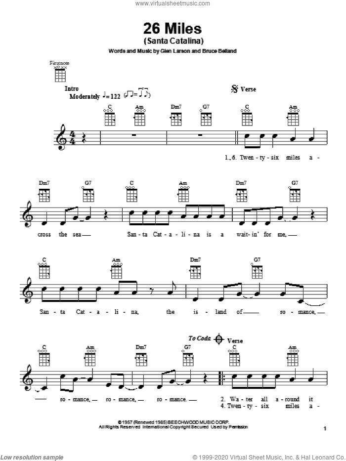 26 Miles (Santa Catalina) sheet music for ukulele by Four Preps, Bruce Belland and Glen Larson, intermediate skill level