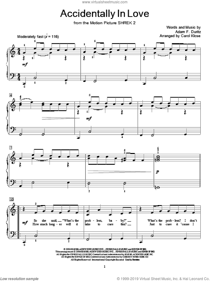 Accidentally In Love sheet music for piano solo (elementary) by Counting Crows, Miscellaneous and Adam Duritz, beginner piano (elementary)