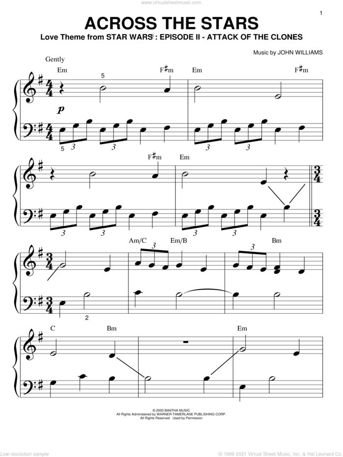 Across The Stars (from Star Wars: Attack of the Clones) sheet music for piano solo (big note book) by John Williams, easy piano (big note book)