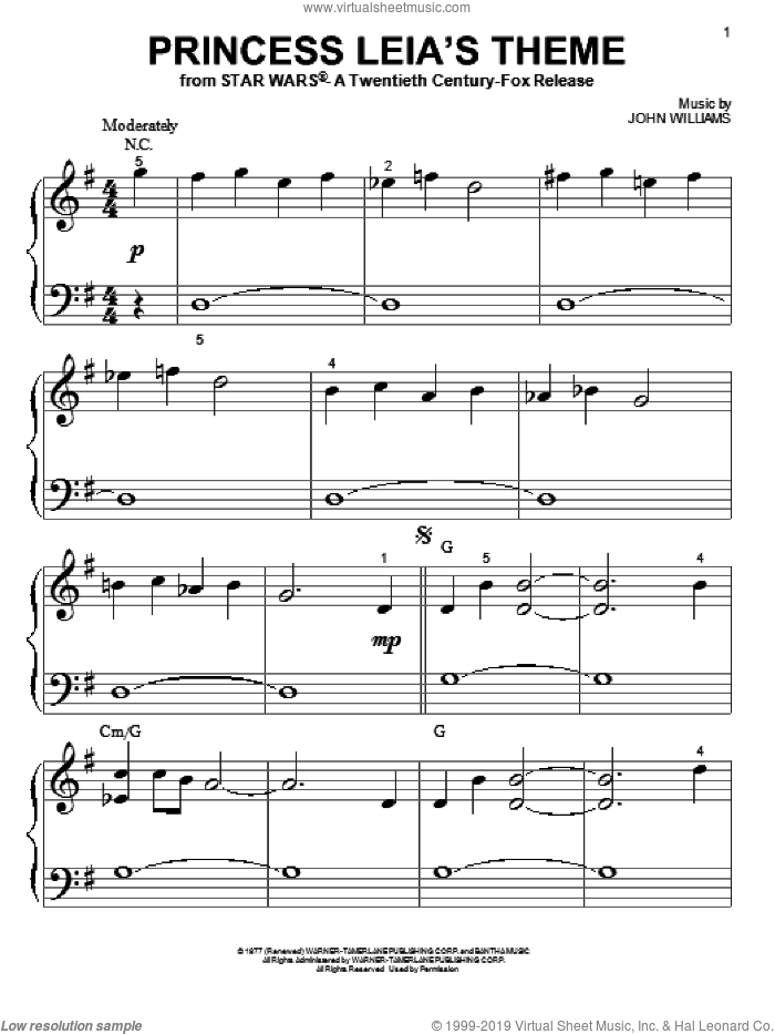 Princess Leia's Theme sheet music for piano solo (big note book) by John Williams and Star Wars (Movie), easy piano (big note book)