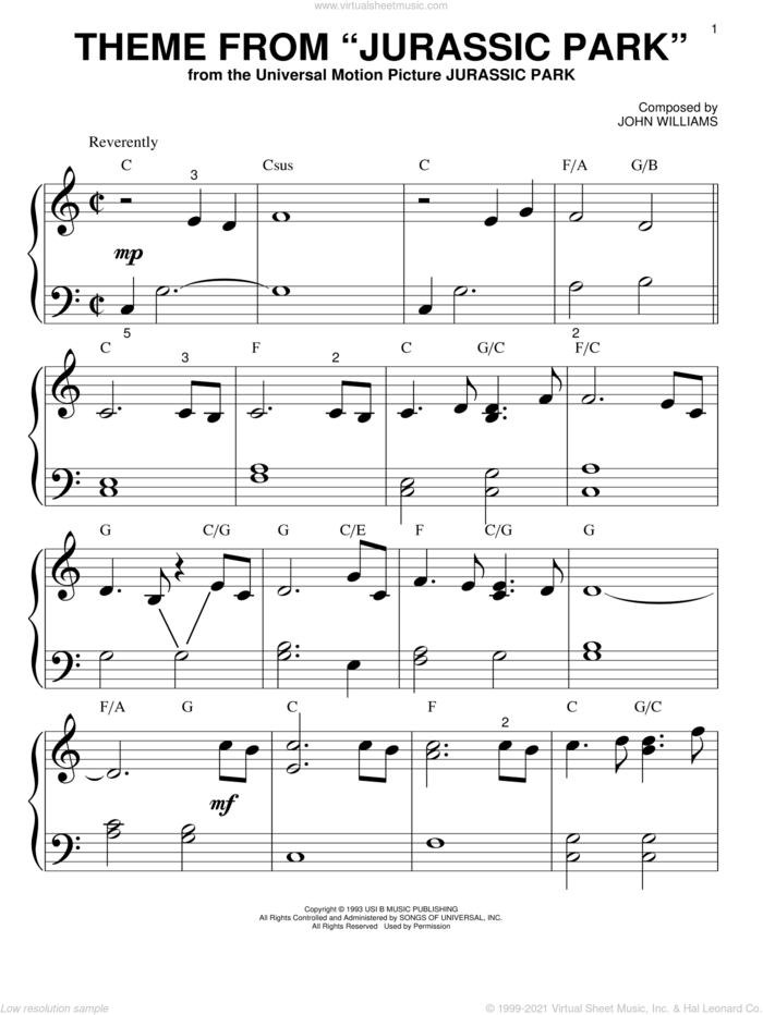 Theme From 'Jurassic Park' sheet music for piano solo (big note book) by John Williams, easy piano (big note book)