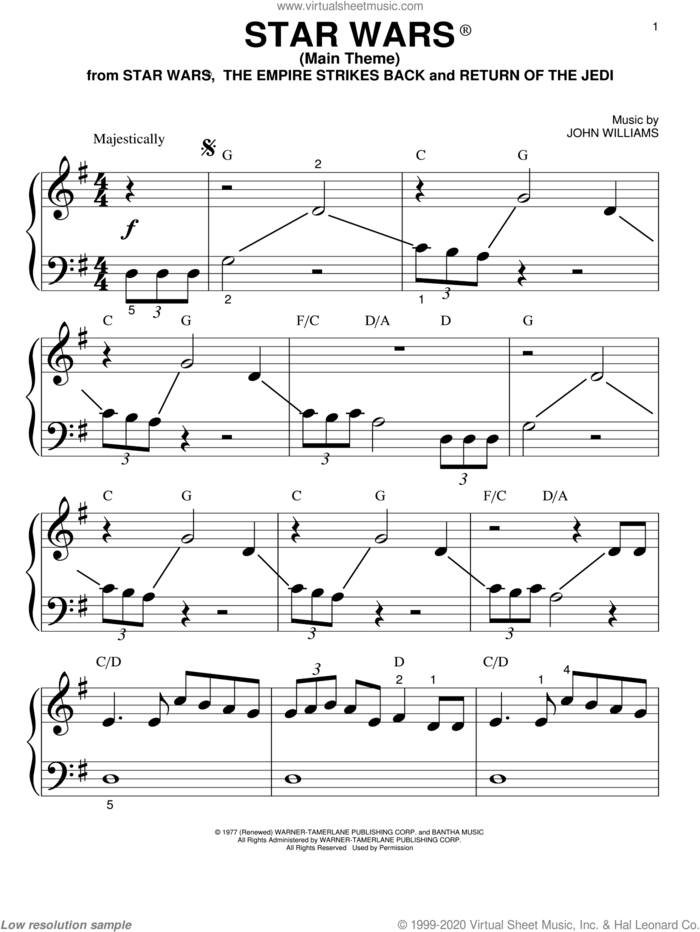 Star Wars (Main Theme) sheet music for piano solo (big note book) by John Williams and Star Wars (Movie), easy piano (big note book)
