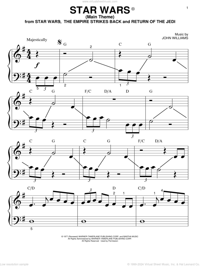 Star Wars (Main Theme) sheet music for piano solo (big note book) by John Williams and Star Wars (Movie), easy piano (big note book)