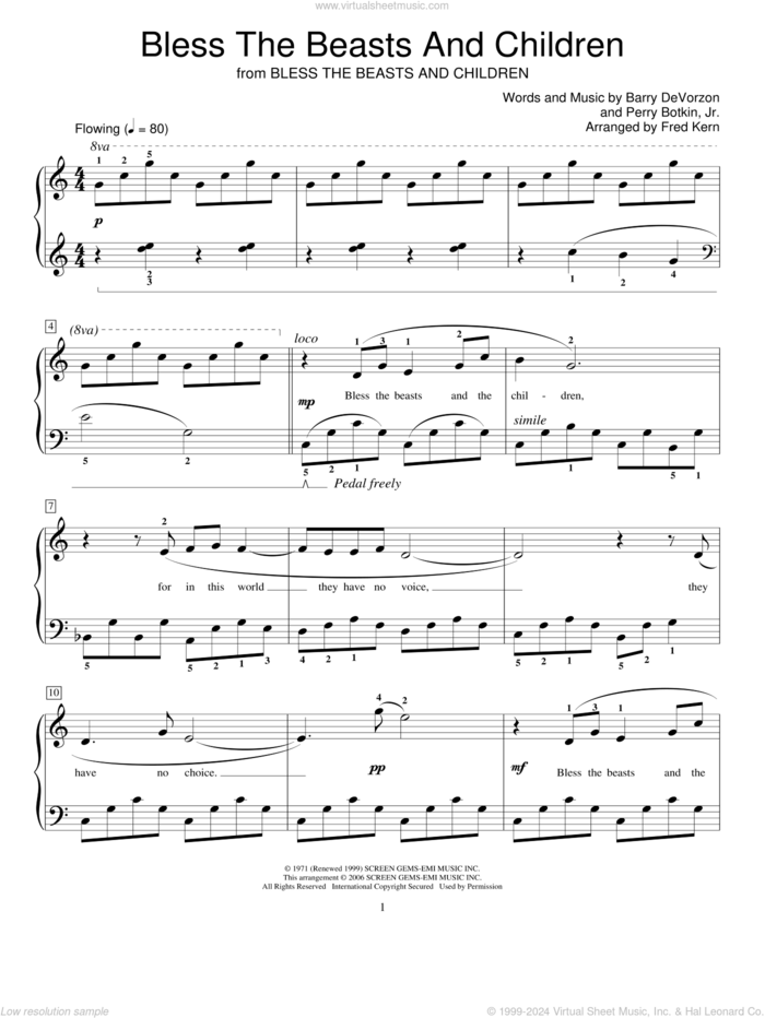 Bless The Beasts And Children sheet music for piano solo (elementary) by Carpenters, Fred Kern, Miscellaneous, Barry DeVorzon and Perry Botkin, Jr., beginner piano (elementary)