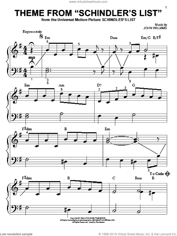 Theme From Schindler's List sheet music for piano solo (big note book) by John Williams, easy piano (big note book)