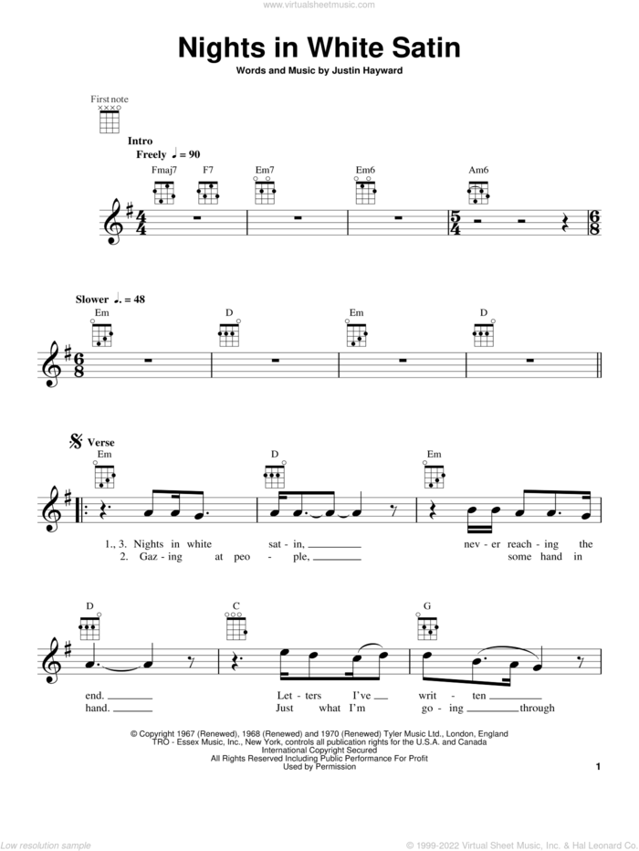 Nights In White Satin sheet music for ukulele by The Moody Blues and Justin Hayward, intermediate skill level