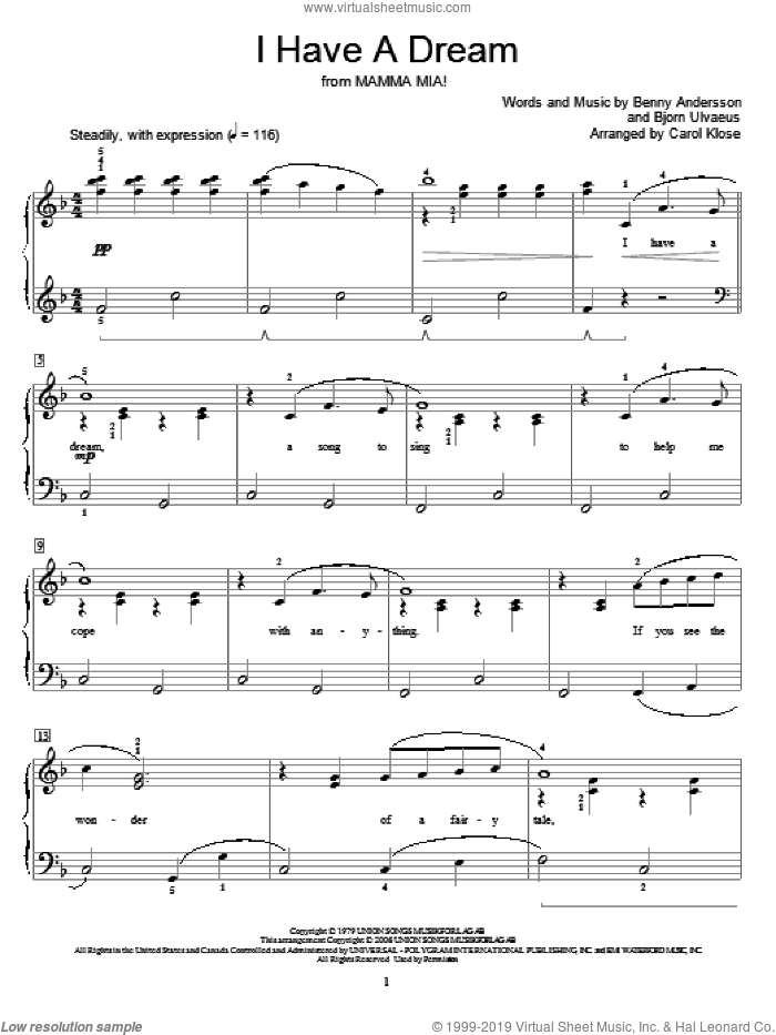 I Have A Dream sheet music for piano solo (elementary) by ABBA, Miscellaneous, Benny Andersson and Bjorn Ulvaeus, beginner piano (elementary)