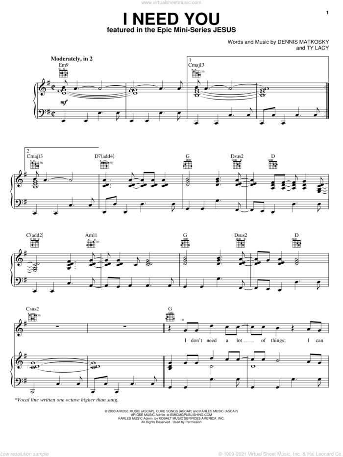 I Need You sheet music for voice, piano or guitar by LeAnn Rimes, Dennis Matkosky and Ty Lacy, intermediate skill level