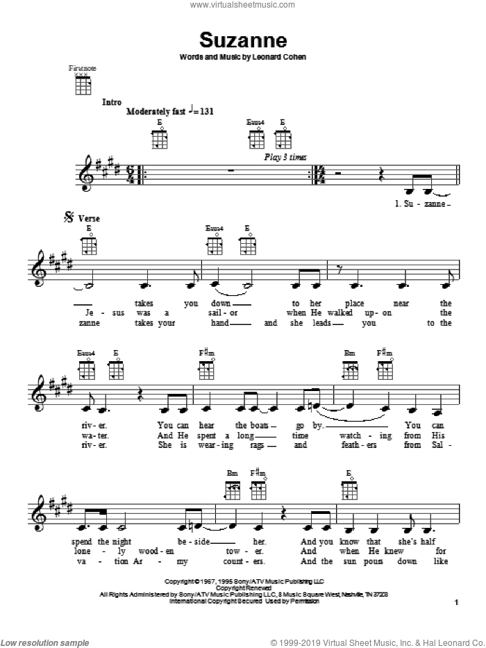 Suzanne sheet music for ukulele by Leonard Cohen, intermediate skill level