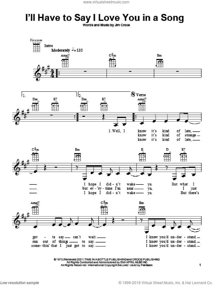 I'll Have To Say I Love You In A Song sheet music for ukulele by Jim Croce, intermediate skill level
