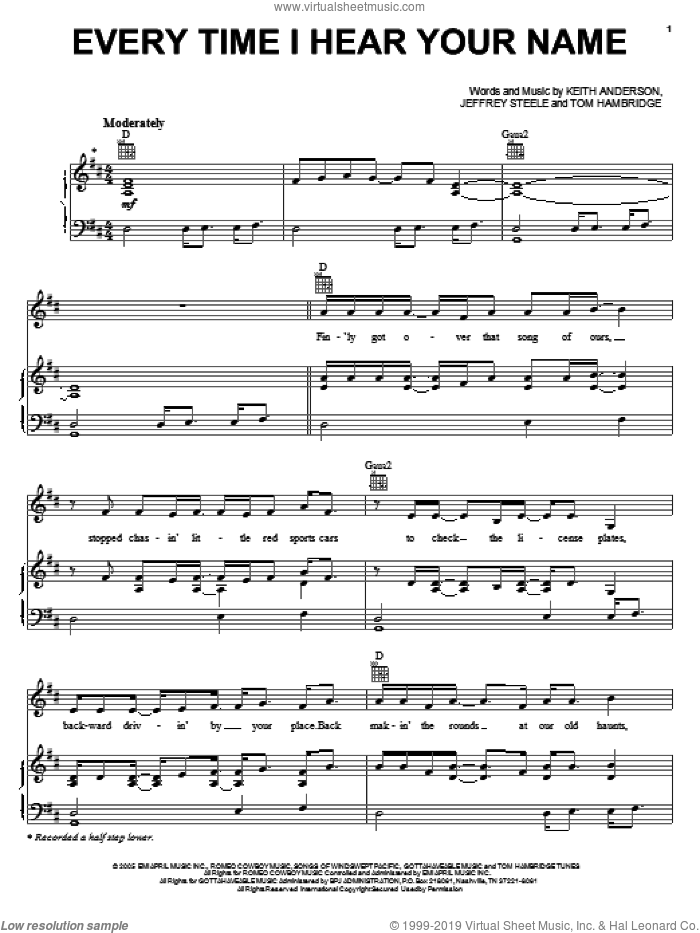 Every Time I Hear Your Name sheet music for voice, piano or guitar by Keith Anderson, Jeffrey Steele and Tom Hambridge, intermediate skill level
