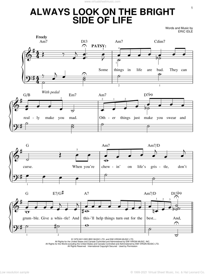 Always Look On The Bright Side Of Life (from Monty Python's Spamalot) sheet music for piano solo by Monty Python's Spamalot and Eric Idle, easy skill level