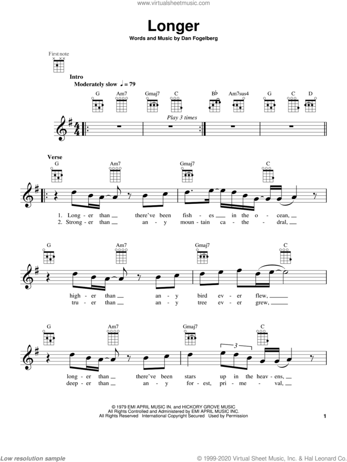 Longer sheet music for ukulele by Dan Fogelberg, intermediate skill level