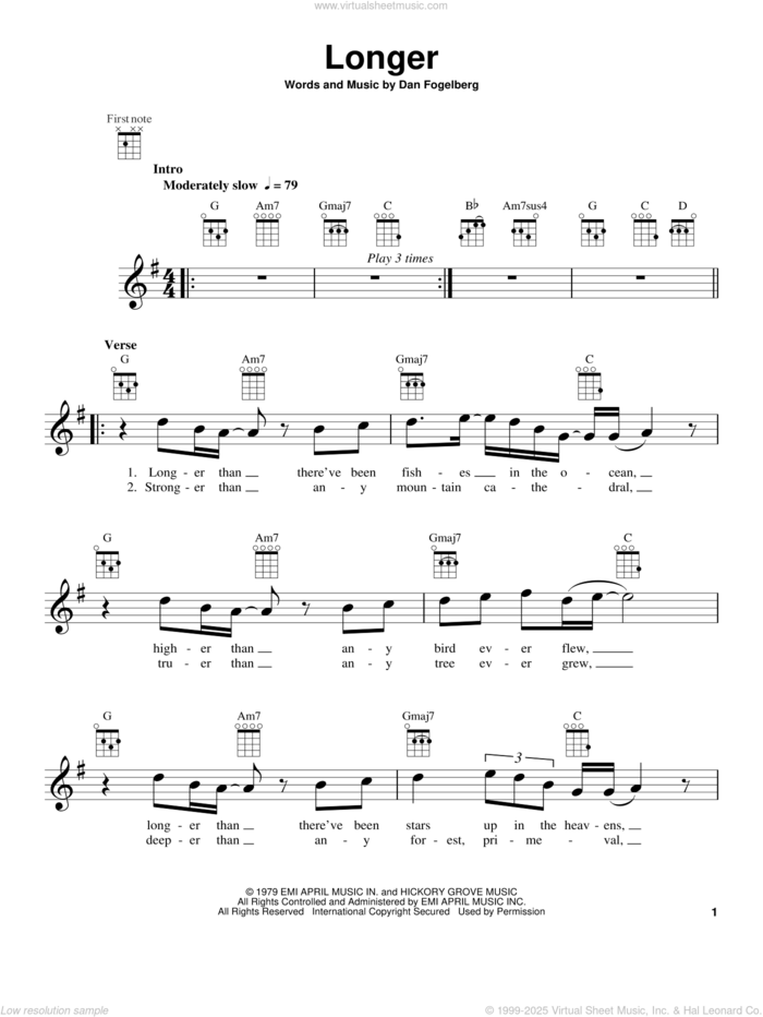 Longer sheet music for ukulele by Dan Fogelberg, intermediate skill level