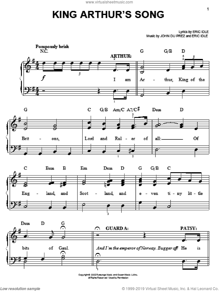 King Arthur's Song (from Monty Python's Spamalot) sheet music for piano solo by Monty Python's Spamalot, Eric Idle and John Du Prez, easy skill level