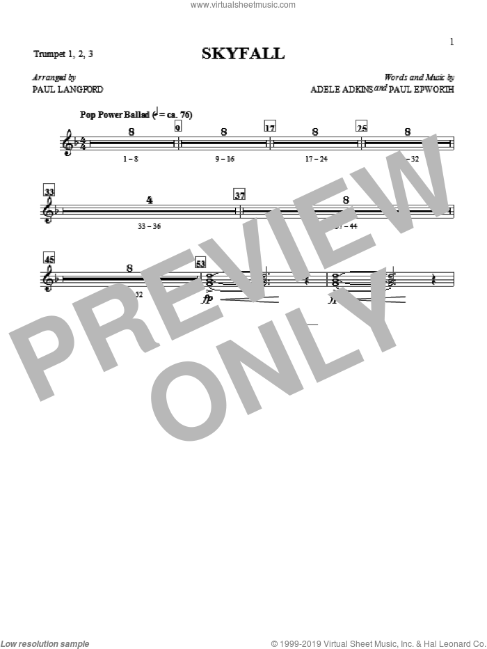 Skyfall (arr. Paul Langford) (complete set of parts) sheet music for orchestra/band by Adele, Adele Adkins, Paul Epworth and Paul Langford, intermediate skill level