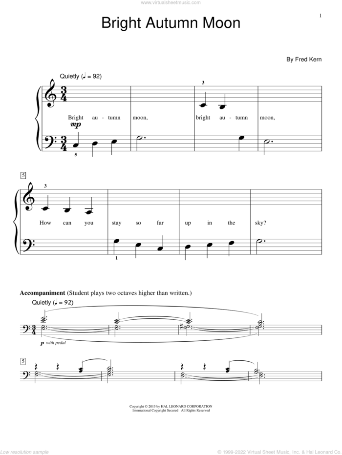 Bright Autumn Moon sheet music for piano solo (elementary) by Fred Kern, classical score, beginner piano (elementary)