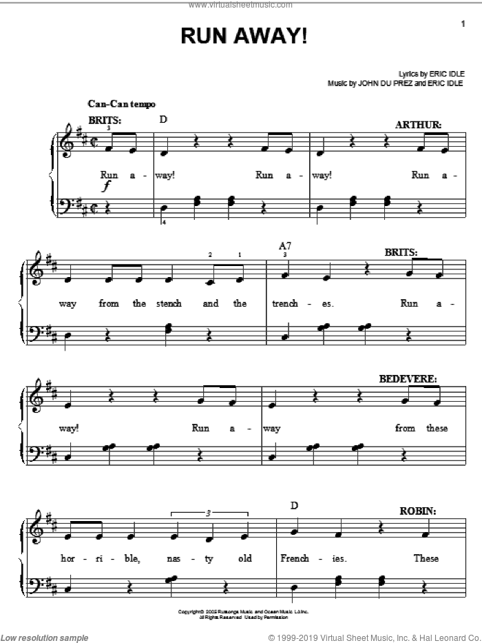 Run Away! sheet music for piano solo by Monty Python's Spamalot, Eric Idle and John Du Prez, easy skill level