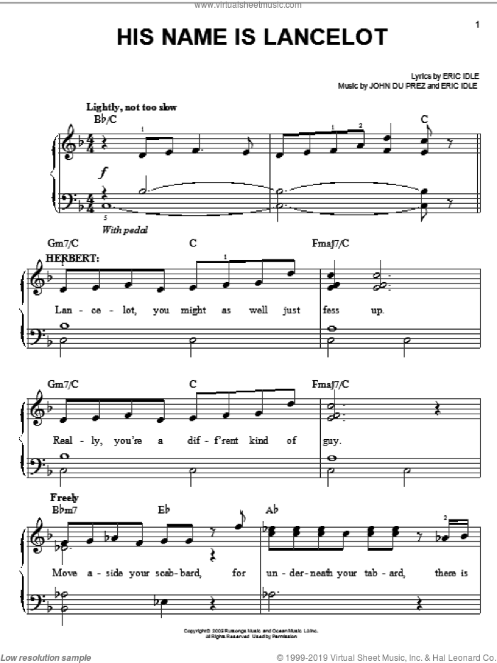 His Name Is Lancelot sheet music for piano solo by Monty Python's Spamalot, Eric Idle and John Du Prez, easy skill level
