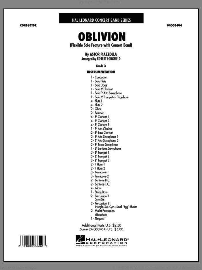 Oblivion (COMPLETE) sheet music for concert band by Robert Longfield and Astor Piazzolla, intermediate skill level
