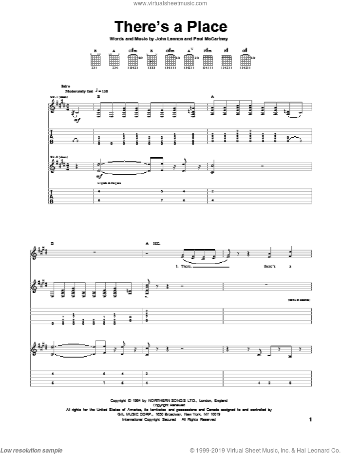 There's A Place sheet music for guitar (tablature) by The Beatles, John Lennon and Paul McCartney, intermediate skill level