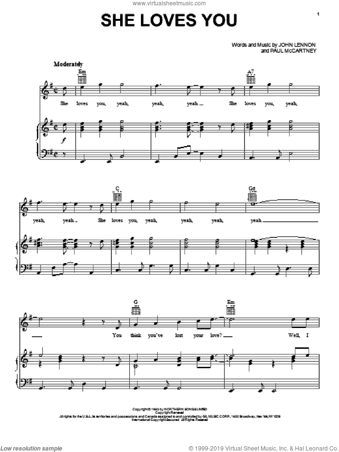 She Loves You sheet music for voice, piano or guitar by The Beatles, John Lennon and Paul McCartney, intermediate skill level