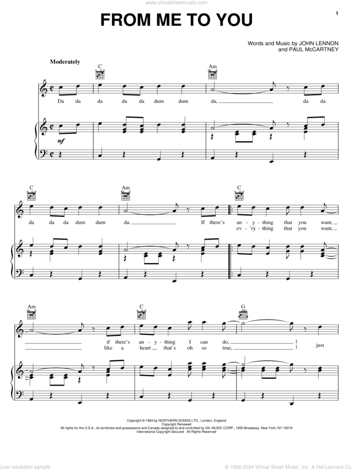 From Me To You sheet music for voice, piano or guitar by The Beatles, John Lennon and Paul McCartney, intermediate skill level