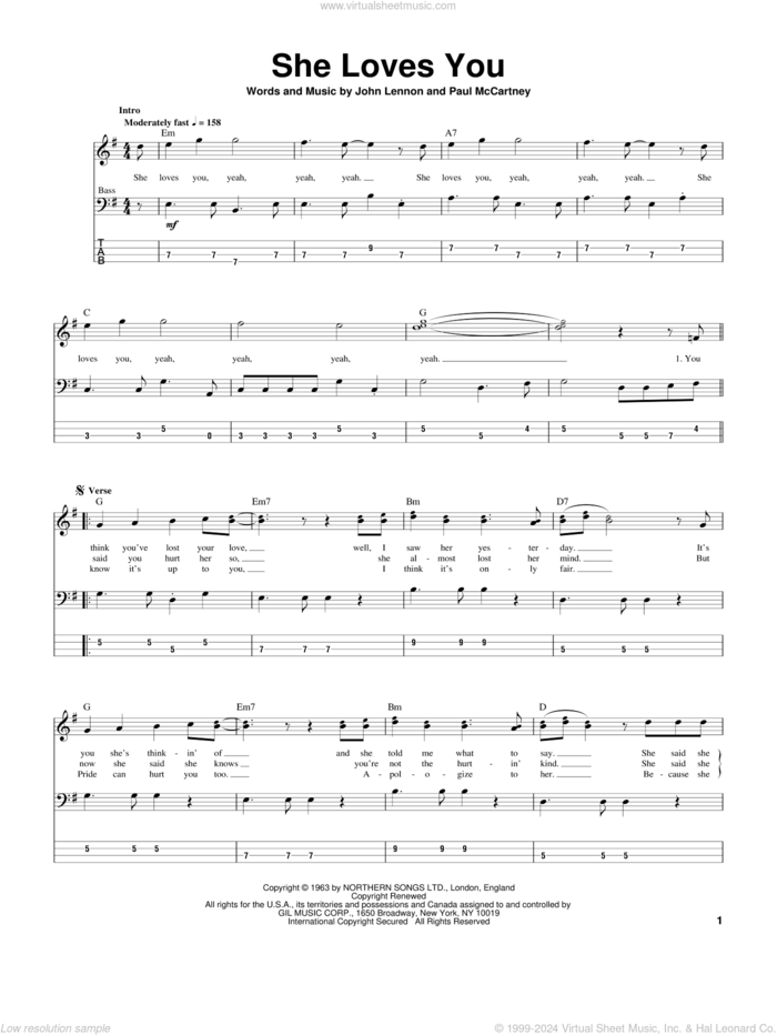 She Loves You sheet music for bass (tablature) (bass guitar) by The Beatles, John Lennon and Paul McCartney, intermediate skill level