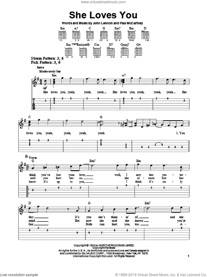 She Loves You sheet music for guitar solo (easy tablature) by The Beatles, John Lennon and Paul McCartney, easy guitar (easy tablature)