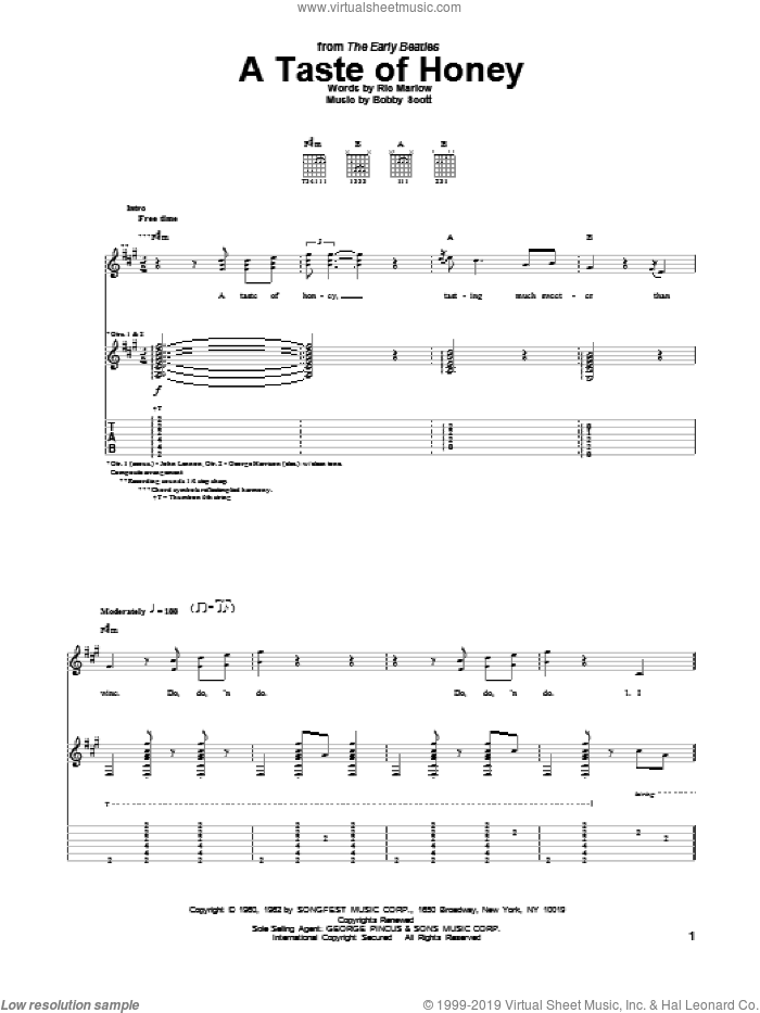 A Taste Of Honey sheet music for guitar (tablature) by The Beatles, intermediate skill level