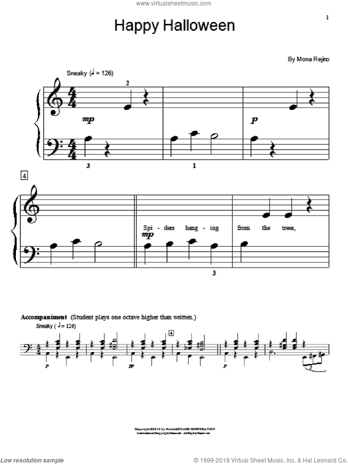 Happy Halloween sheet music for piano solo (elementary) by Mona Rejino, beginner piano (elementary)