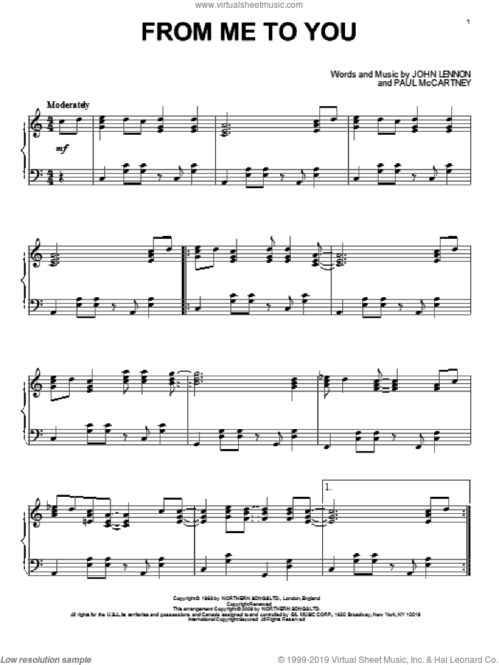From Me To You sheet music for piano solo by The Beatles, John Lennon and Paul McCartney, intermediate skill level