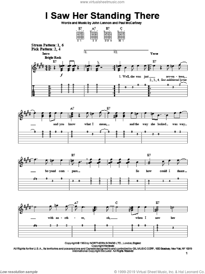 I Saw Her Standing There sheet music for guitar solo (easy tablature) by The Beatles, John Lennon and Paul McCartney, easy guitar (easy tablature)