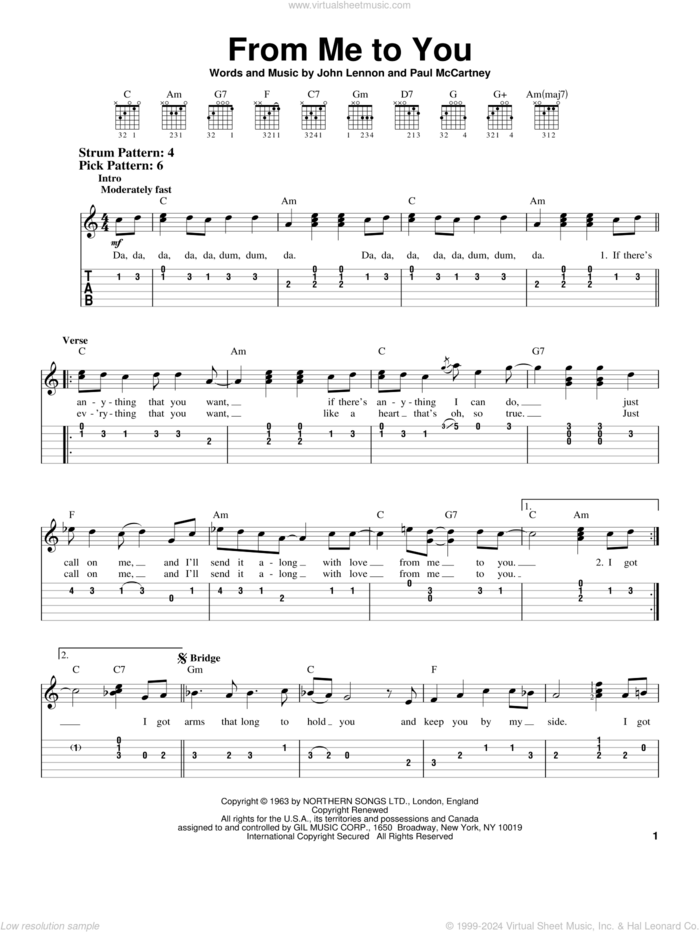 From Me To You sheet music for guitar solo (easy tablature) by The Beatles, John Lennon and Paul McCartney, easy guitar (easy tablature)