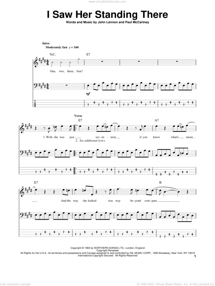 I Saw Her Standing There sheet music for bass (tablature) (bass guitar) by The Beatles, John Lennon and Paul McCartney, intermediate skill level